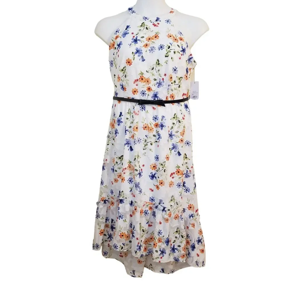 ELLE L‎ Sleeveless Floral Ruffle Halter Belted Dress BLOOMING BEAUTY Hi Low